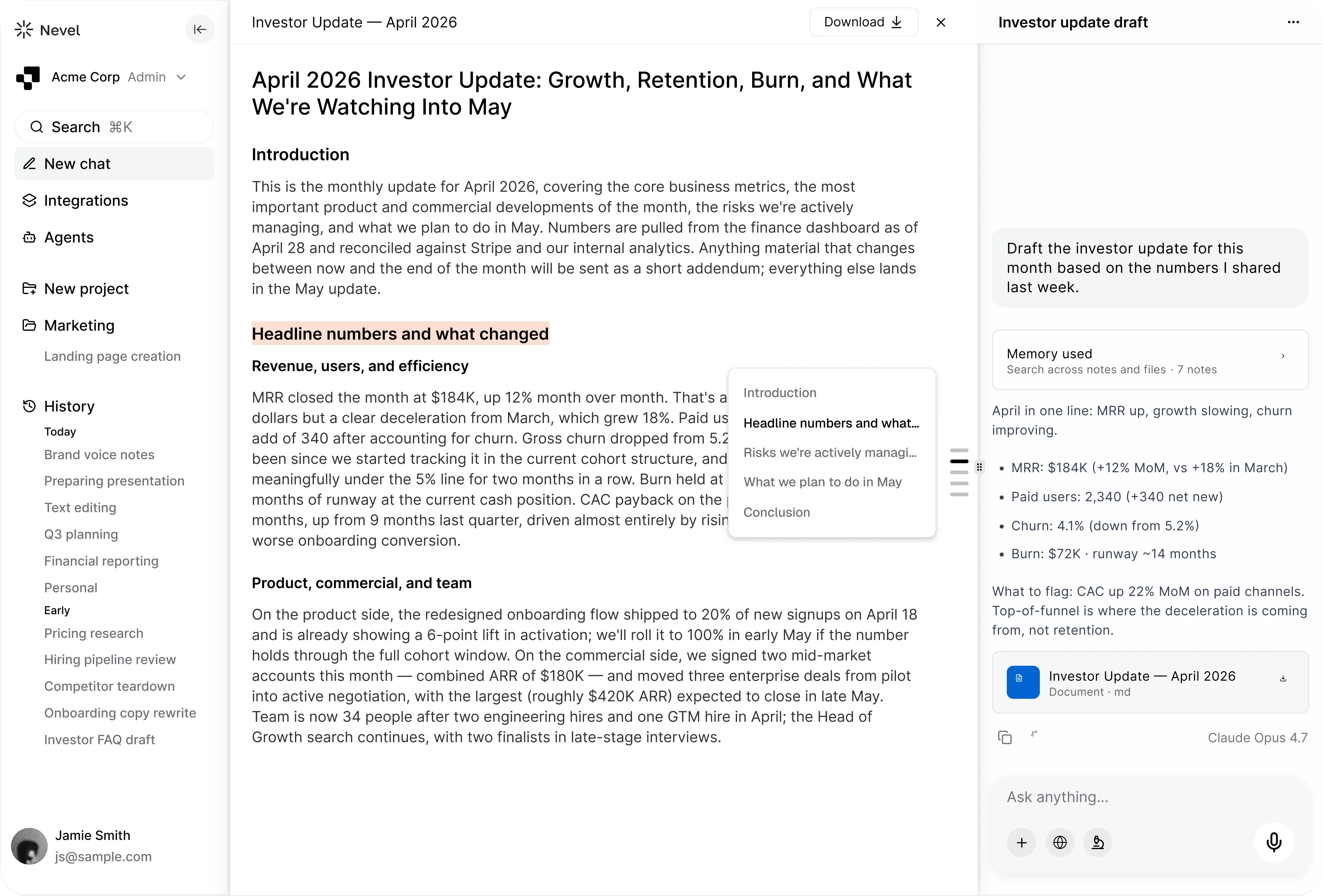 Nevel AI workspace: sidebar with chats, projects and history, a document editor with an investor update draft, and a side chat with Claude Opus 4.7 summarising metrics