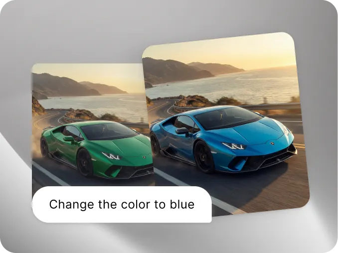 Two car images — green and blue variants — with a "Change the color to blue" prompt